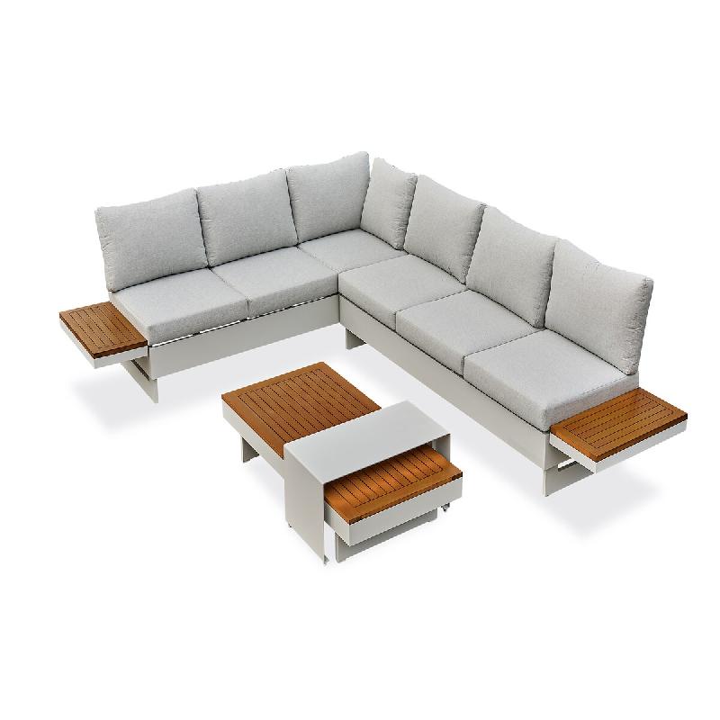 REMARQUABLE Salon de jardin d'angle 6 places en aluminium gris et bois d'acacia - MINERA - 3700917630372_0