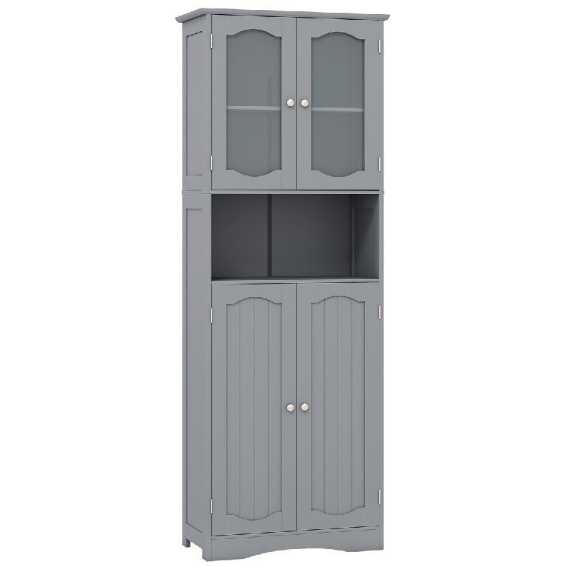 Armoire de salle de bain COSTWAY, armoire haute indépendante avec 4 portes, compartiment ouvert et étagère réglable (grise) - gris Bois manufactur_0