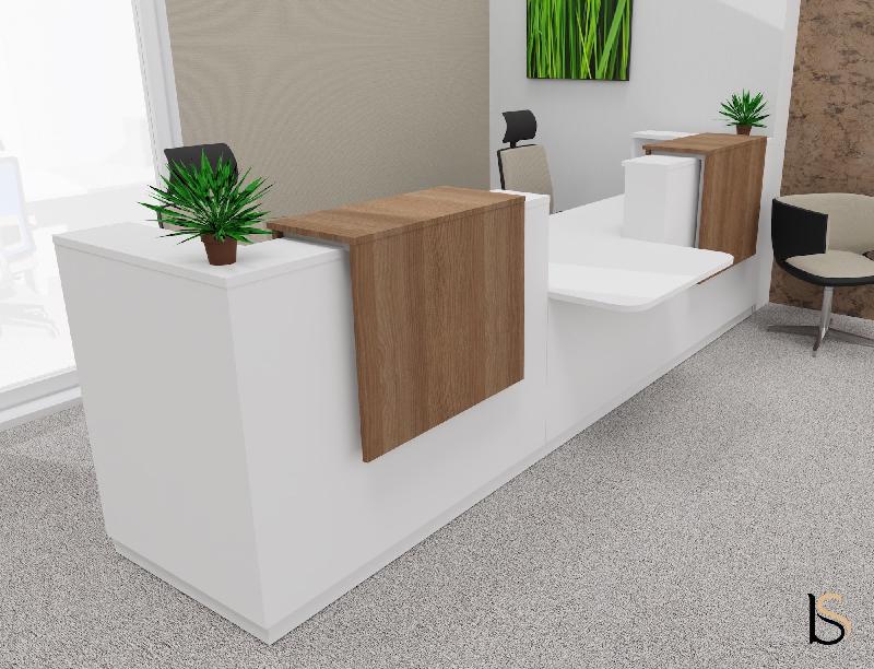 Bureau d'accueil Delta Plus pour 2, accès PMR - Mobel Linea - Blanc, 384, Acacia foncé, Banque d'accueil avec réhausses sans LED_1