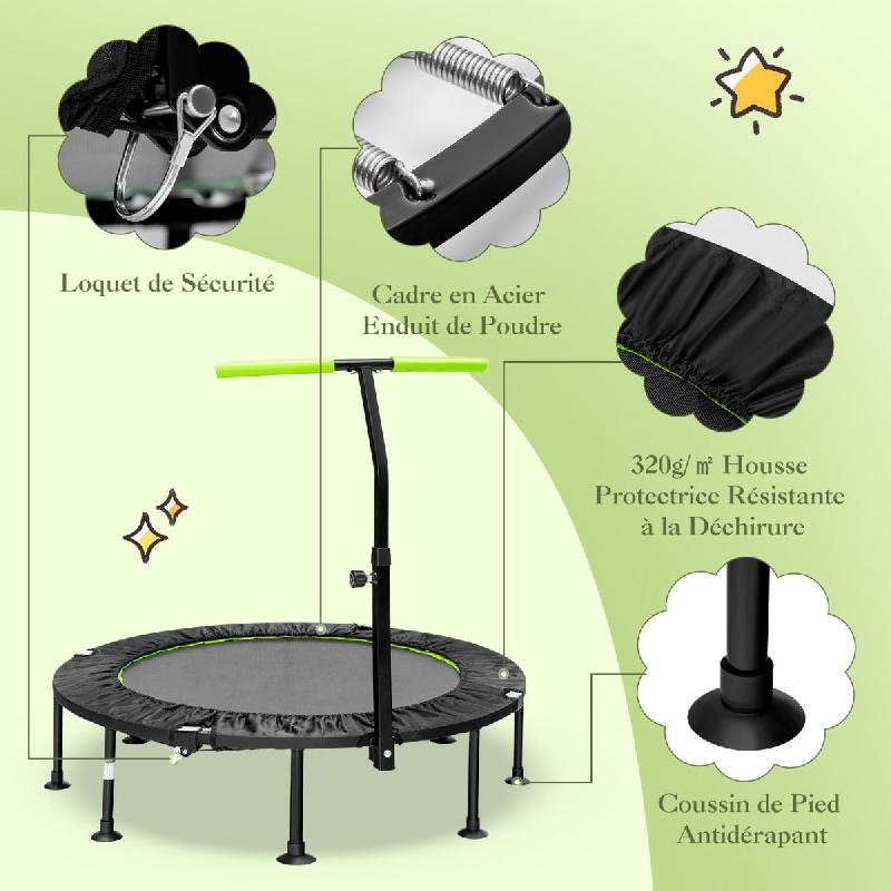 Mini trampoline pliable d'intérieur - diamètre 110cm avec poignée réglable en hauteur - trampoline de fitness avec tapis de saut en PP - charge 100kg - vert - 20_0008906_0