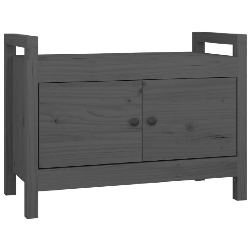 Banc banquette d'entrée en bois de pin massif gris - 80 x 40 x 60 cm - Avec rangement et portes 02_0010871_0