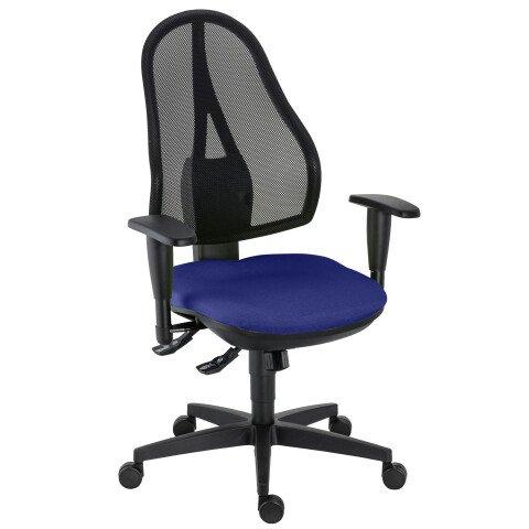 CHAISE DE BUREAU HOLLY TISSU ET MAILLE BLEU - DOSSIER HAUT ACCOUDOIRS - MÉCANISME SYNCHRONE - PIEDS NOIR