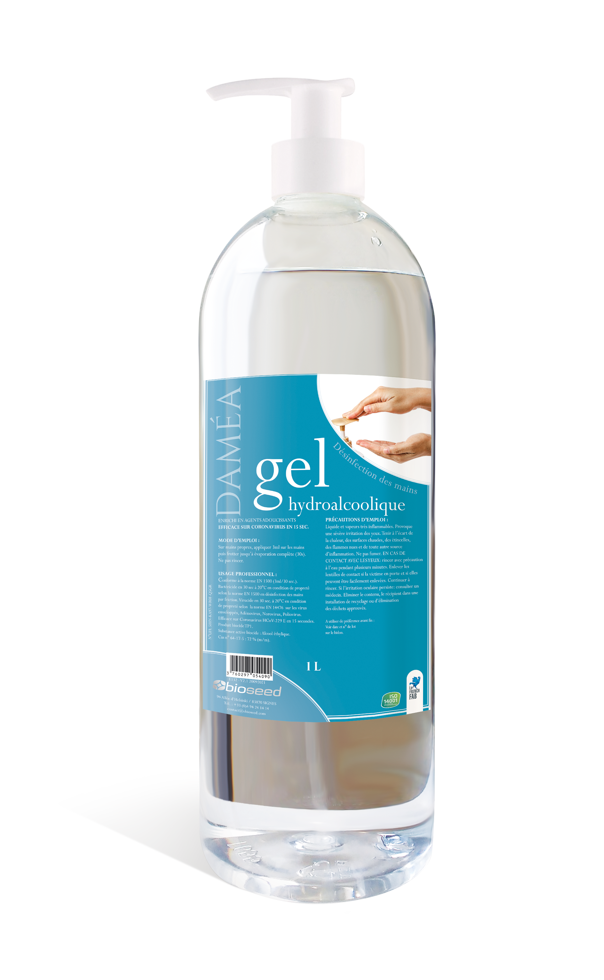 Damea gel hydroalcoolique 1L avec pompe - carton de 12 - référence E132 - actif sur coronavirus en 15 secondes_0
