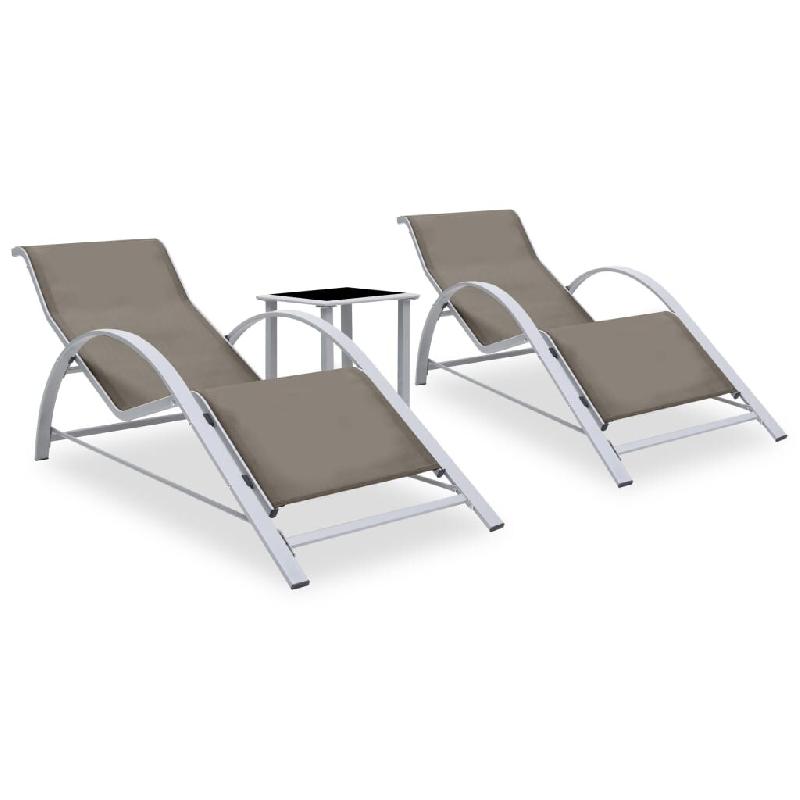 Helloshop26 - Lot de 2 transats chaise longue bain de soleil lit de jardin terrasse meuble d'extérieur avec table aluminium taupe 02_0012075 - alumin_0