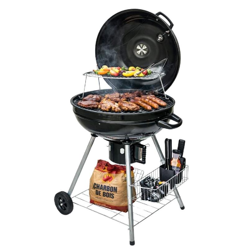 INTEC Barbecue à Charbon de Bois Ø54cm Double Grille Cuisson & Couvercle Thermostat Bac à cendres, Barbecue sur roues avec rangement - noir acier 3_0