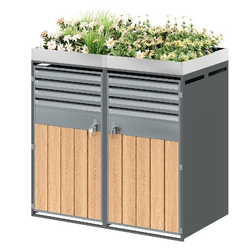 Merax Bac à poubelles à roulettes, 132 x 80 x 124.5 cm, acier galvanisé, avec zone de plantation en haut, ouverture d'aération avec lattes, gris -_0