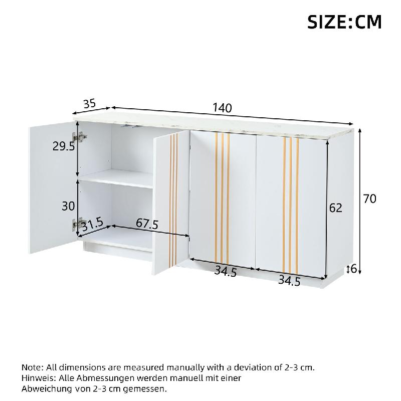 Merax Buffet 140x35x70 cm, Armoire de Rangement avec 4 Portes, Étagères Réglables, Panneau de Particules, Blanc avec Lignes Dorées - blanc N625P42_0