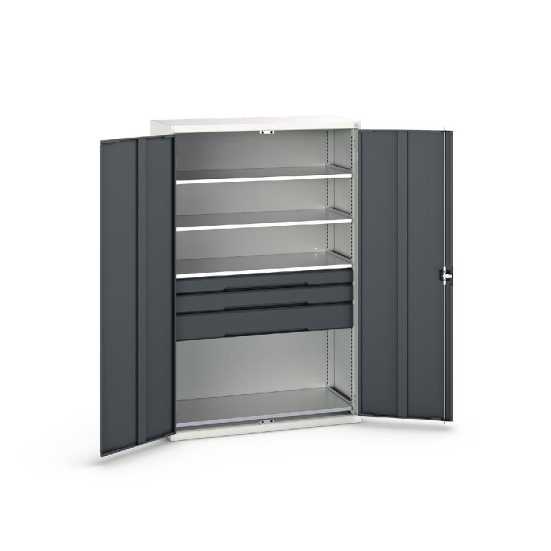 Armoire d'atelier polyvalente Verso - 4 tablettes réglables et 3 tiroirs - Acier robuste - 1300x550x2000 mm_0