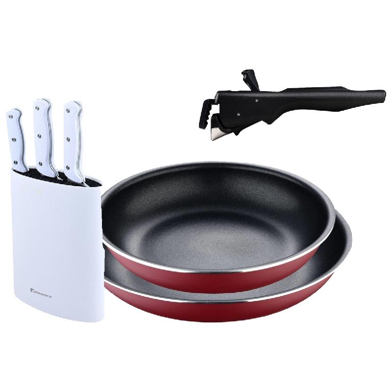 BERGNER - Jeu de 2 Poêles Ø22/26 cm en Aluminium Embouti Rouge avec Manche Amovible et Jeu de 3 Couteaux avec Bloc de Couteaux en Acier Inoxydable -_0