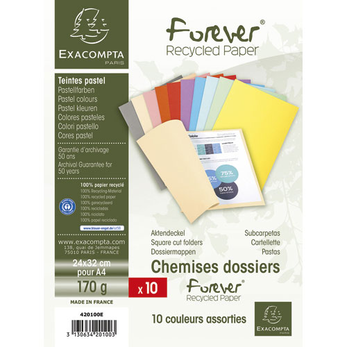 CHEMISES EXACOMPTA FOREVER - EN CARTE - 170 G - COLORIS ASSORTIS - PAQUET DE 10 CHEMISES