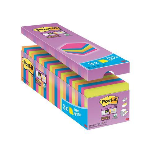 PACK DE 21 NOTES REPOSITIONNABLES COULEURS SUPER STICKY POST-IT 76 X 76 MM - BLOC DE 90 FEUILLES+ 3 NOTES OFFERTES