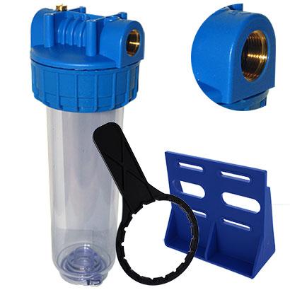 PORTE-FILTRE TRANSPARENT 9-3/4 POUCES + INSERT LAITON - E/S 3/4 POUCE