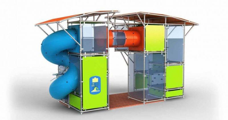 Structure de jeux extérieure avec grand toboggan et tunnel - obstacle facile et sécurisé_0