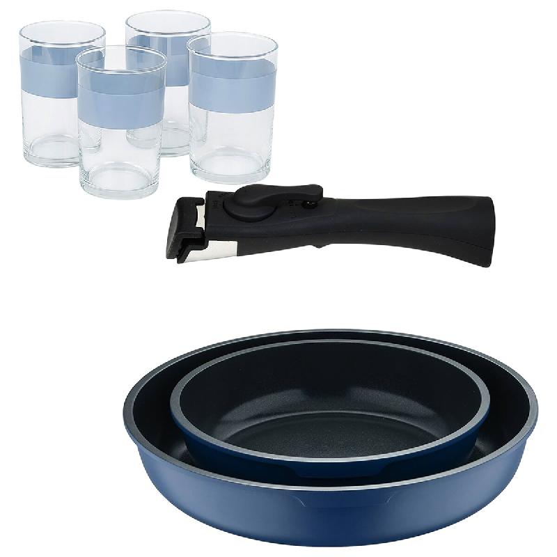 BERGNER - Jeu de 2 poêles Ø22/26cm en aluminium moulé bleu avec poignée amovible avec Jeu de 4 verres 0,5 L NOIA - PK9789_0
