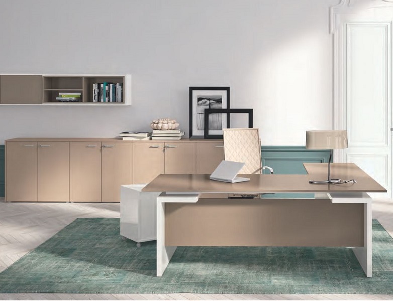 Bureau de direction Prof Slim - version avec retour - bi-color avec meubles de rangement arrière_0