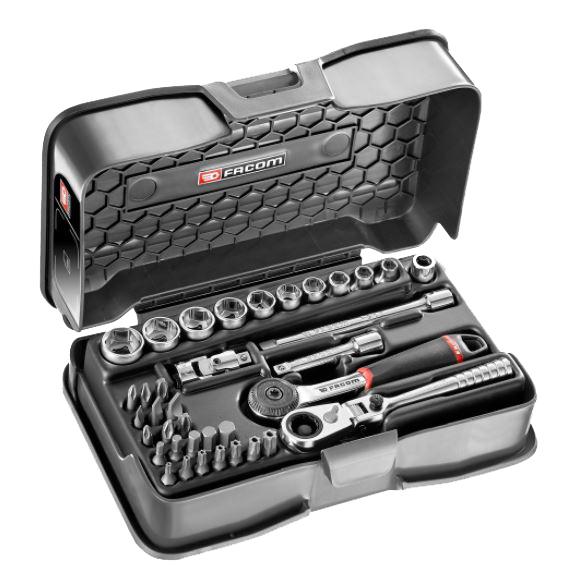 COFFRET DE DOUILLES 1/4'' HEXAGONALES 6 PANS MÉTRIQUES ET EMBOUTS 37 PIÈCES - FACOM - R.161-6P6HXPB