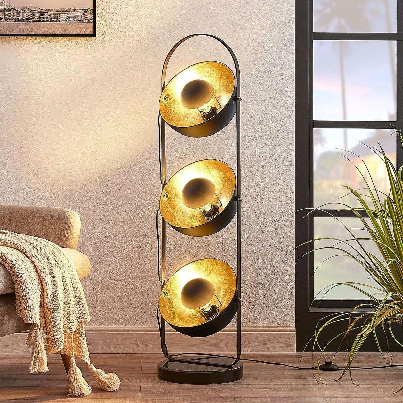 LINDBY LAMPE SUR PIED MURIEL, 3 LAMPES, NOIR/OR, MÉTAL