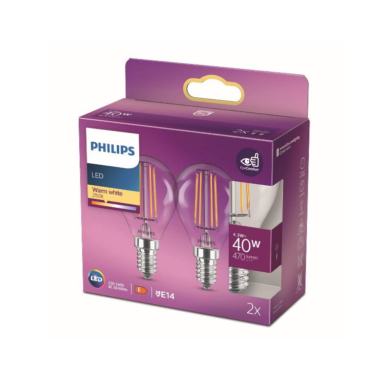PHILIPS AMPOULE LED E14 4,3 W P45 FIL 2 700 K X2