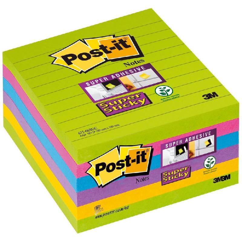 POST-IT® BLOC DE NOTES ADHÉSIVES (675-6SSUC) SUPER STICKY - 100 X 100 MM - COULEUR L'ARC-EN-CIEL (LOT DE 6 BLOCS DE 45 FEUILLES)