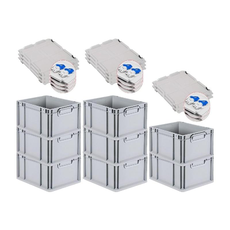 PROREGAL 8x Bac Euro NextGen Economy couvercle à charnières, fermetures à glissière bleues, poignées fermées, 22x30x40cm, 20L - noir plastique R_0