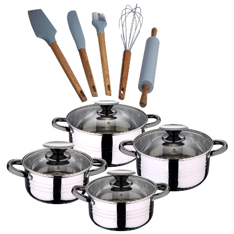 BERGNER - Batterie de cuisine DINA 8pcs 16/18/20/24cm en acier inoxydable compatible induction avec set de 5 ustensiles de cuisine en silicone et bois_0