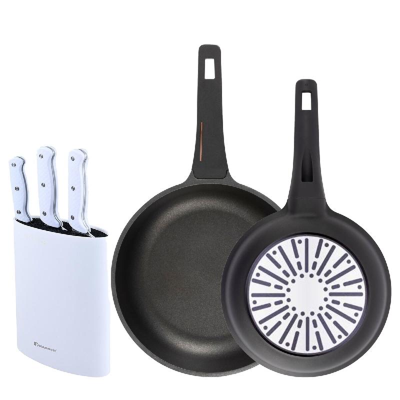 BERGNER - Jeu de 2 Poêles Ø24/28 cm en Aluminium Coulé avec Manche en Bakélite et Jeu de 3 Couteaux avec Bloc de Couteaux en Acier Inoxydable - PK9820_0