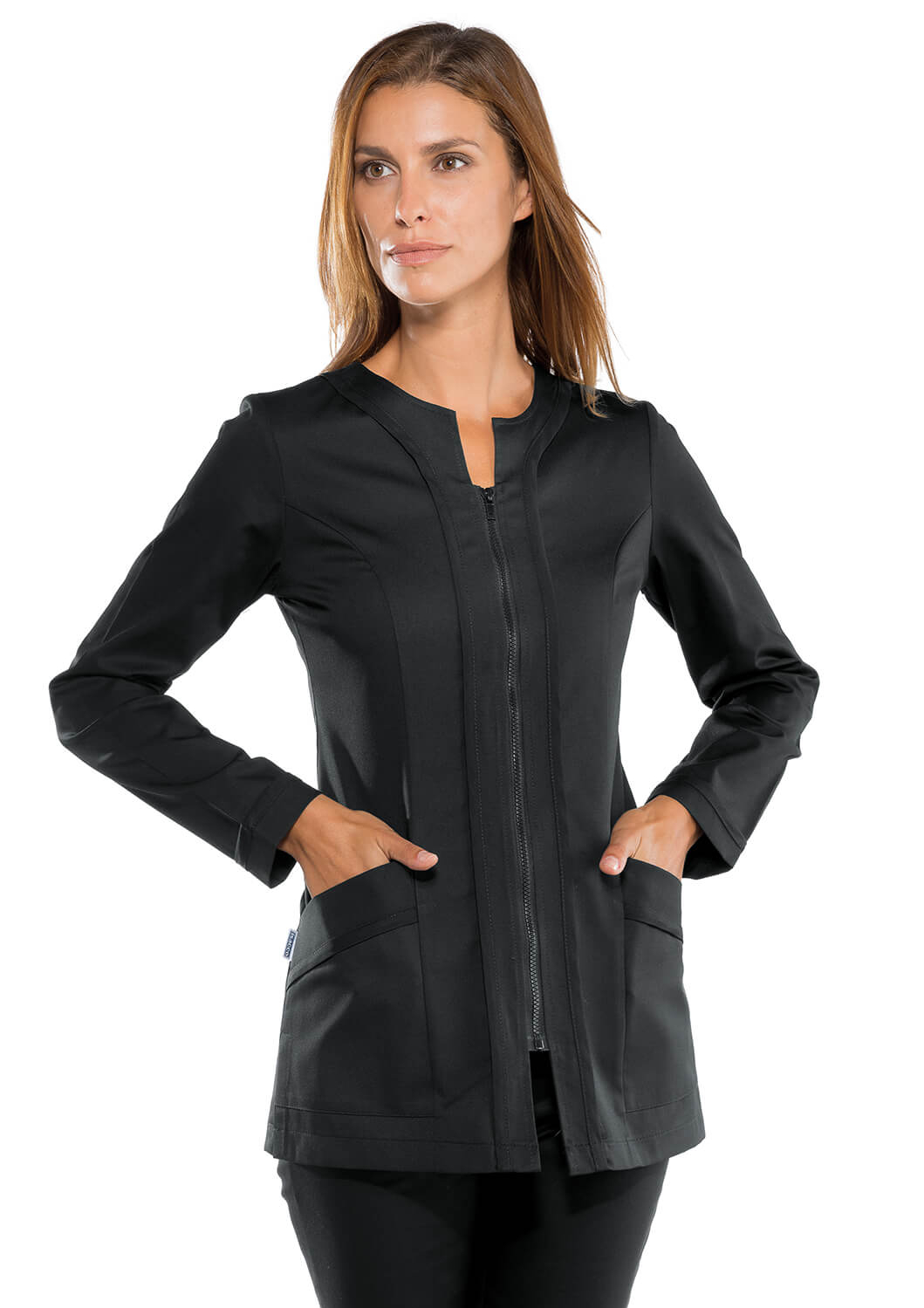 BLOUSE MÉDICALE NOIRE À GLISSIÈRE SUR LE DEVANT