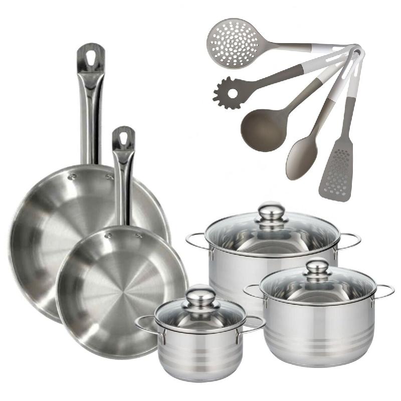 Lot 2 Poêles 24/28 cm Fackelmann Eterna avec 3 Faitouts 16/20/24 cm et 5 ustensiles de cuisine - gris Acier inoxydable 18/10 3176239921793_0
