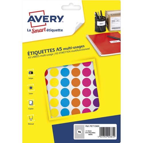 Avery sachet de 672 pastilles ø15 mm. Imprimables. Coloris assortis._0