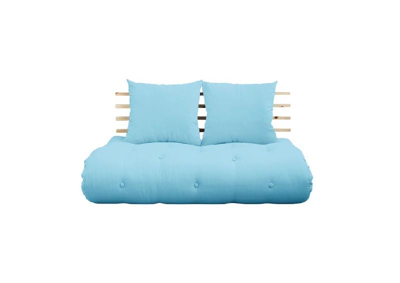 CANAPÉ LIT FUTON SHIN SANO BLEU CLAIR ET PIN MASSIF COUCHAGE 140*200 CM._0