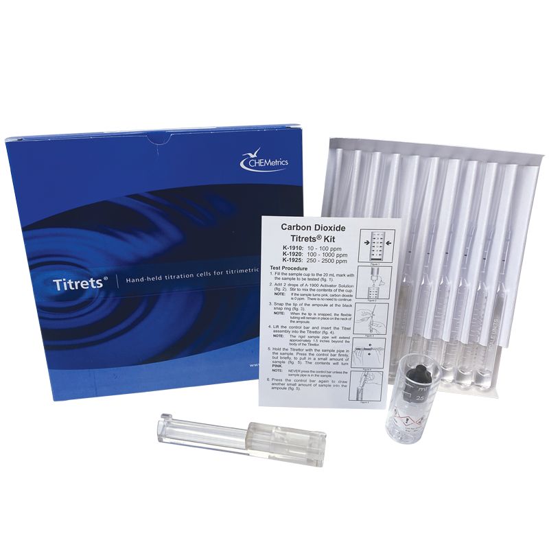 Kit d'analyse visuelle du dioxyde de carbone 10-100 ppm, type : Titrets 30 ampoules, marque Chemetrics - Ref.: NBN001_0