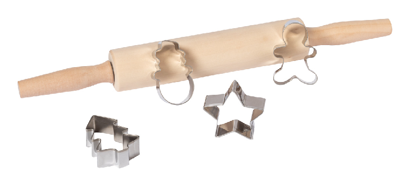 Ensemble d'ustensiles de pâtisserie de Noël - rouleau en bois et 4 formes en acier inoxydable_0