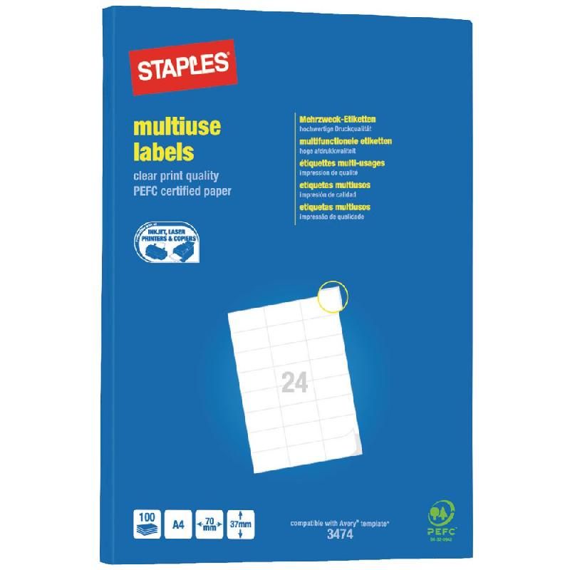 STAPLES ETIQUETTE MULTI-USAGES BLANCHE - STAPLES - 37 X 70 MM - BOÎTE DE 2400 ÉTIQUETTES