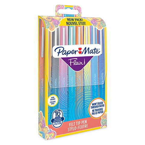 STYLO FEUTRE PAPERMATE FLAIR ÉCRITURE MOYENNE - POCHETTE DE 16 COULEURS ASSORTIES - PAPERMATE