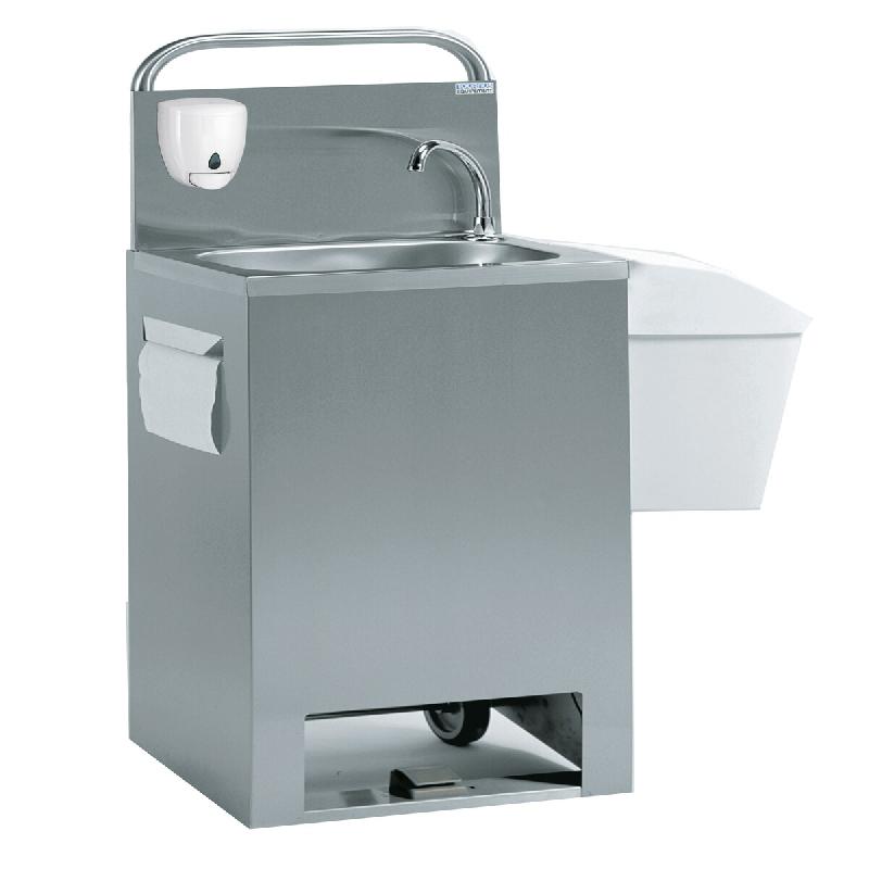 Tournus LAVE-MAINS AUTONOME sur roues, avec dosseret, commande au pied distributeurs à savon, essuie-mains dimensions 415 x 345 mm hauteur 1200 mm -_0