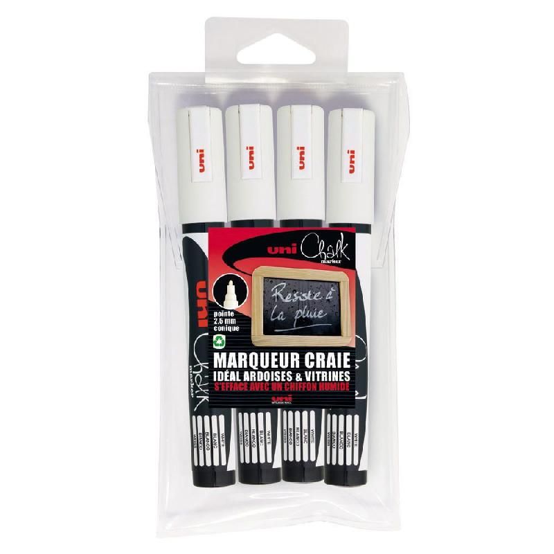 UNI CRAIE CHALK MARKER UNIBALL - PWE-5M -  POINTE CONIQUE - 1,8-2,5 MM - POCHETTE 4 CRAIES BLANCHES