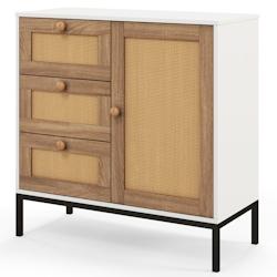Helloshop26 - Buffet en faux rotin armoire basse d'appoint avec 1 porte avec étagères et 3 tiroirs table console autoportante bohème 20_0007956 - 3_0