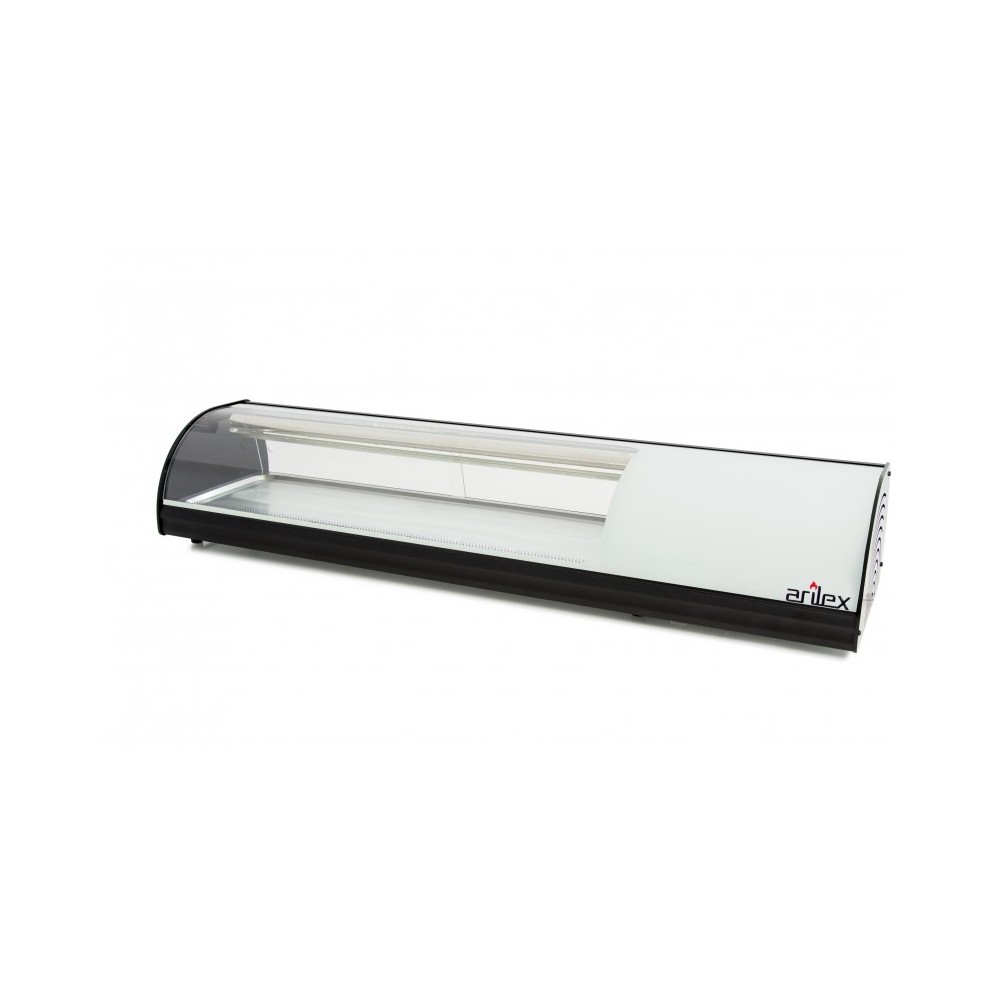 Sus1 - vitrine à sushi tropicalisée à double réfrigération - Arilex - L1456 x 390 x 287 mm - vitrine réfrigérée avec vitre bombée et commandes numériques_0