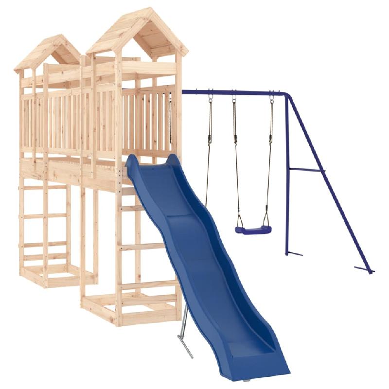 Aire de jeux d'extérieur en bois de pin massif - Toboggan ondulé, balançoire double et portique robuste - Dimensions 461 x 320 x 238 cm - 02_0004690_0
