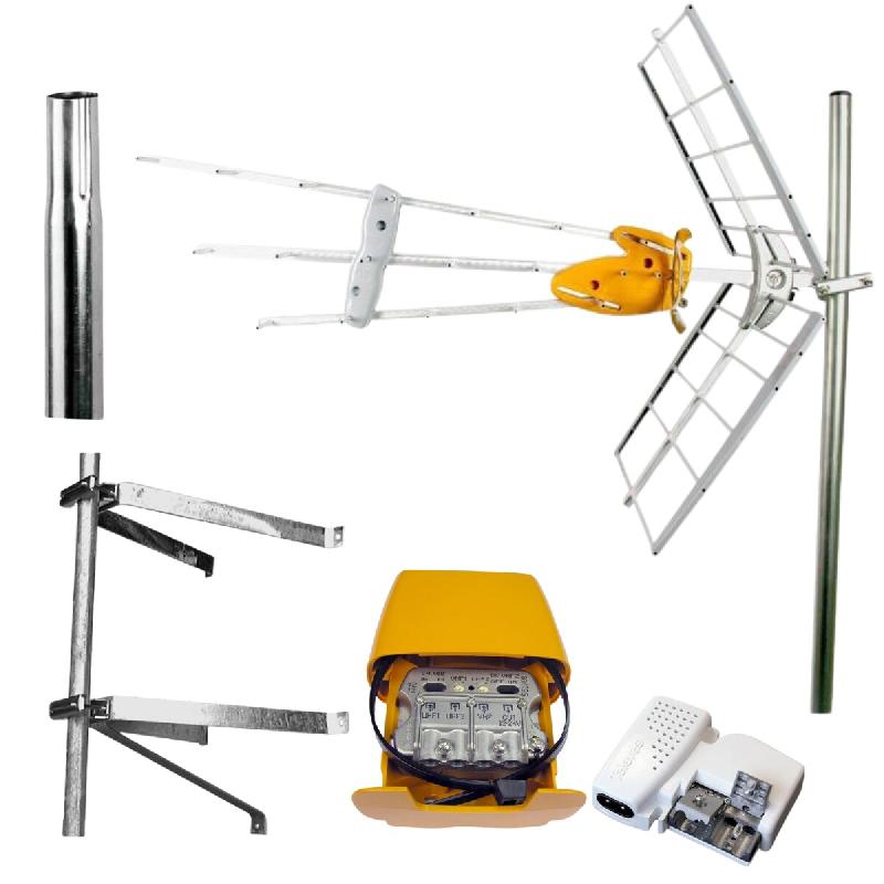 Antenne Rateau + Kit Alimentation + Amplificateur De Mat + Fixation Murale En U + Mat 1m Usage Non Intensif Televes - gris 3665476769003_0