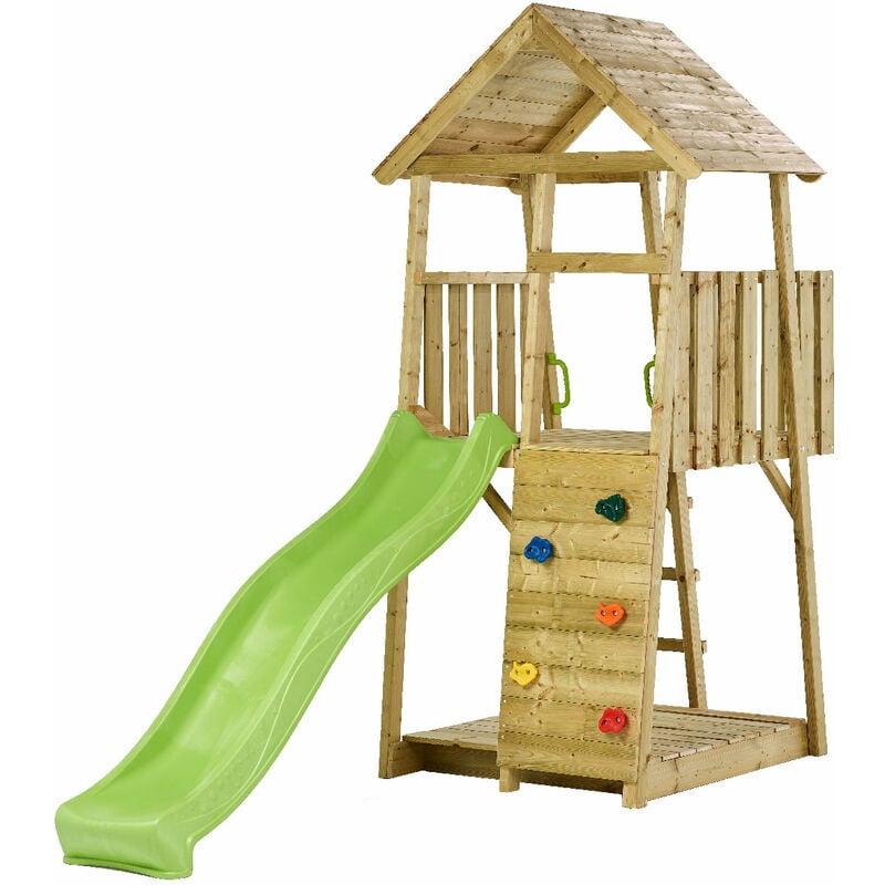 TOUR DE JEUX EN BOIS WIKI TOBOGGAN, MUR D'ESCALADE, CABANE, ÉCHELLE