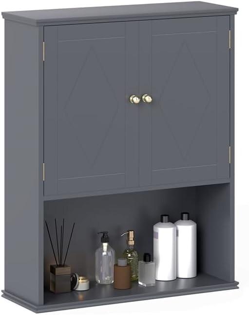 COSTWAY Armoire murale bain, placard avec 2 portes et étagère réglable, gain de place, 60x21x75 cm, gris - gris Bois manufacturé VH34019TE_0