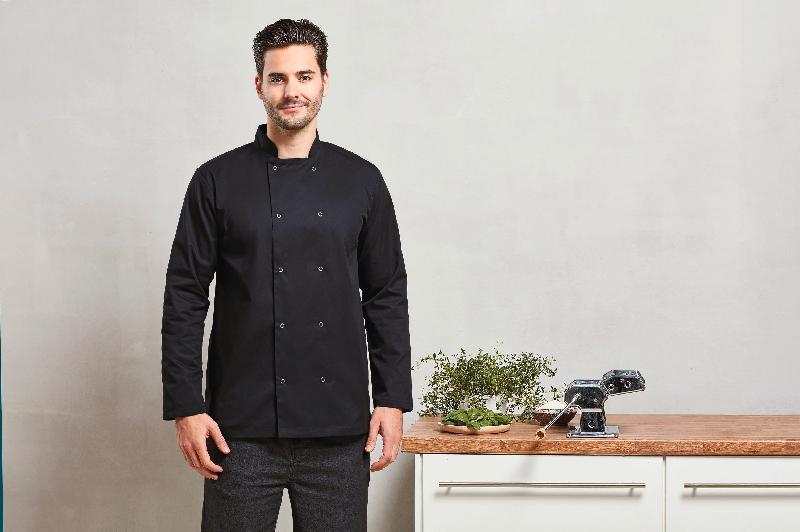 Veste de cuisine manches longues à boutons pression - PR665 - Col mao, lavage industriel et tissu twill_0