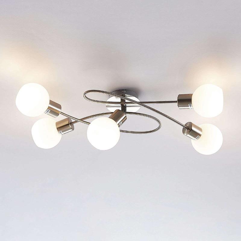 LINDBY PLAFONNIER ELAINA, 65 CM, À 5 LAMPES, NICKEL, VERRE, E14