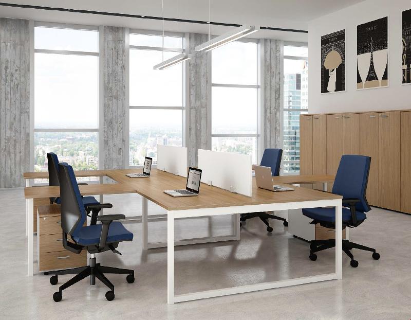 Bureau bench 4 personnes Practika P2 - Quadrifoglio - Blanc, Noyer canaletto, Sans, 360_0