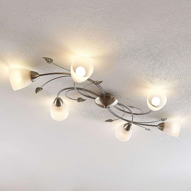 LINDBY PLAFONNIER YANNIE, 6 LAMPES À 106 CM, NICKEL/BLANC, VERRE
