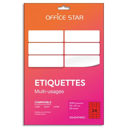 Office Star - Boîte de 1200 étiquettes adhésives multiusage - Format 70x37mm - Planche A4 - Coloris rouge_0