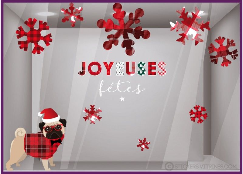 Sv846 - Adhésif pour vitrine - Stickers vitrines Noël - Dimensions 130 x 74 cm - Kit bouledogue et flocons tartan_0