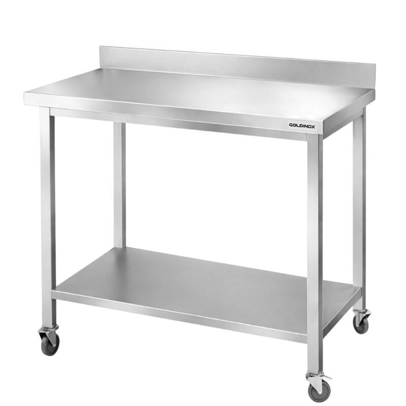 Table de travail en inox Bar 1000x700 mm avec 1 étagère inférieure et dosseret sur roulettes PREMIUM - GOLDINOX - gris inox 3701770832699_0