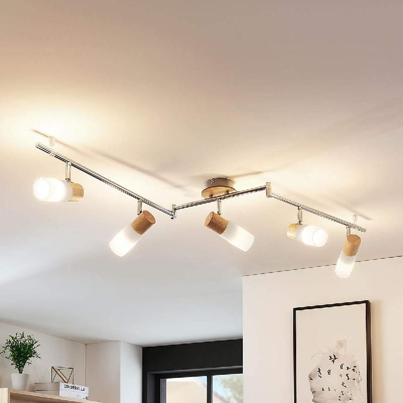 SPOT POUR PLAFOND LINDBY CHRISTOPH, 130 CM, À 4 LAMPES, BOIS, VERRE